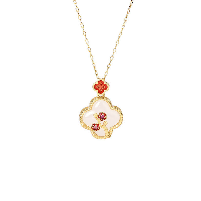 Collier et boucles d'oreilles porte-bonheur en jade blanc plaqué or 24 carats