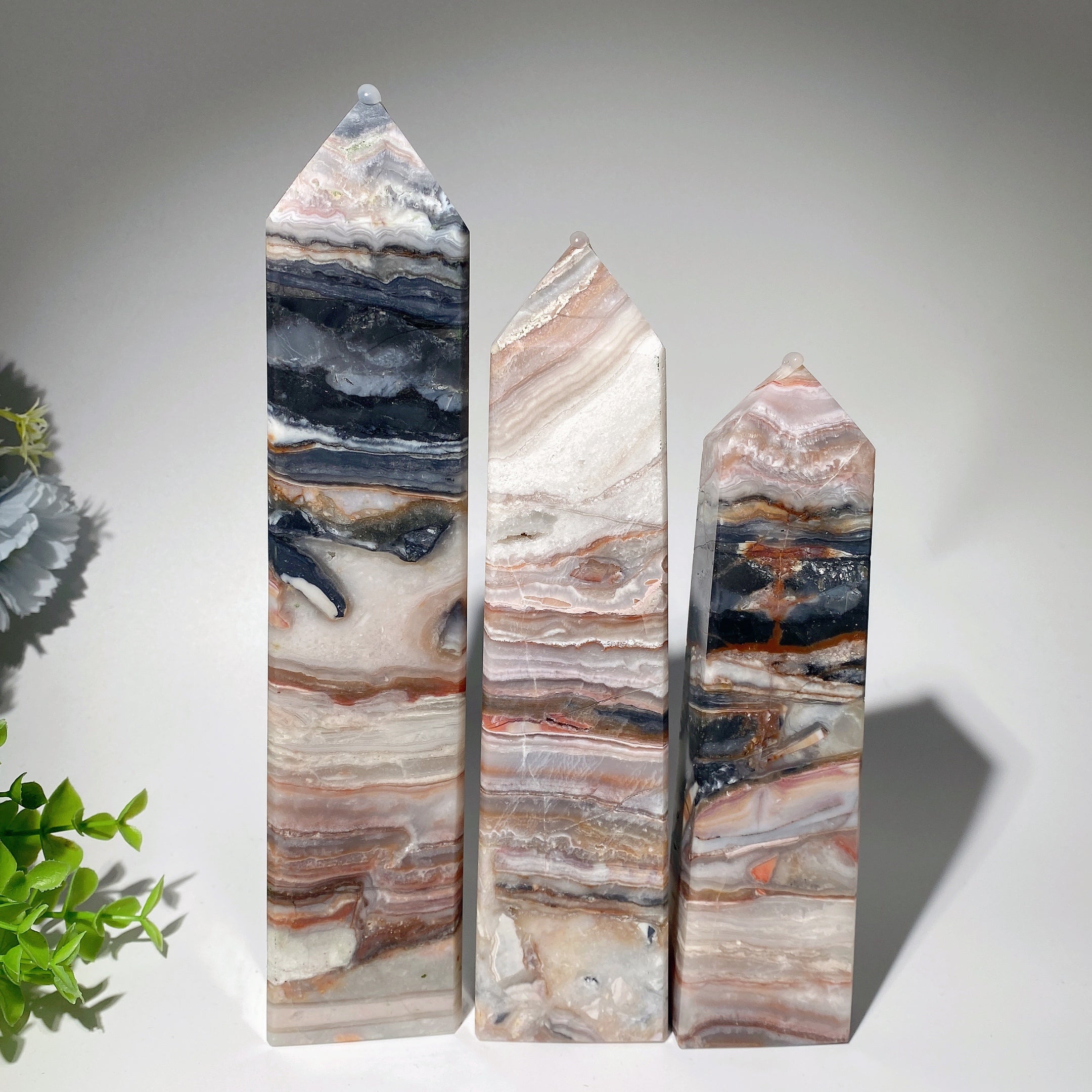 25cm Pink Black Crazy Agate Crystal Tower for Healing