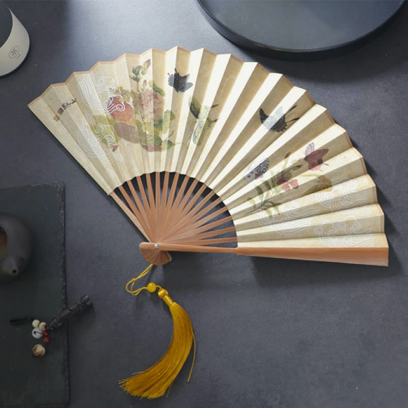 Éventail chinois pliable de 26,6 cm, motif papillon, chat et fleur