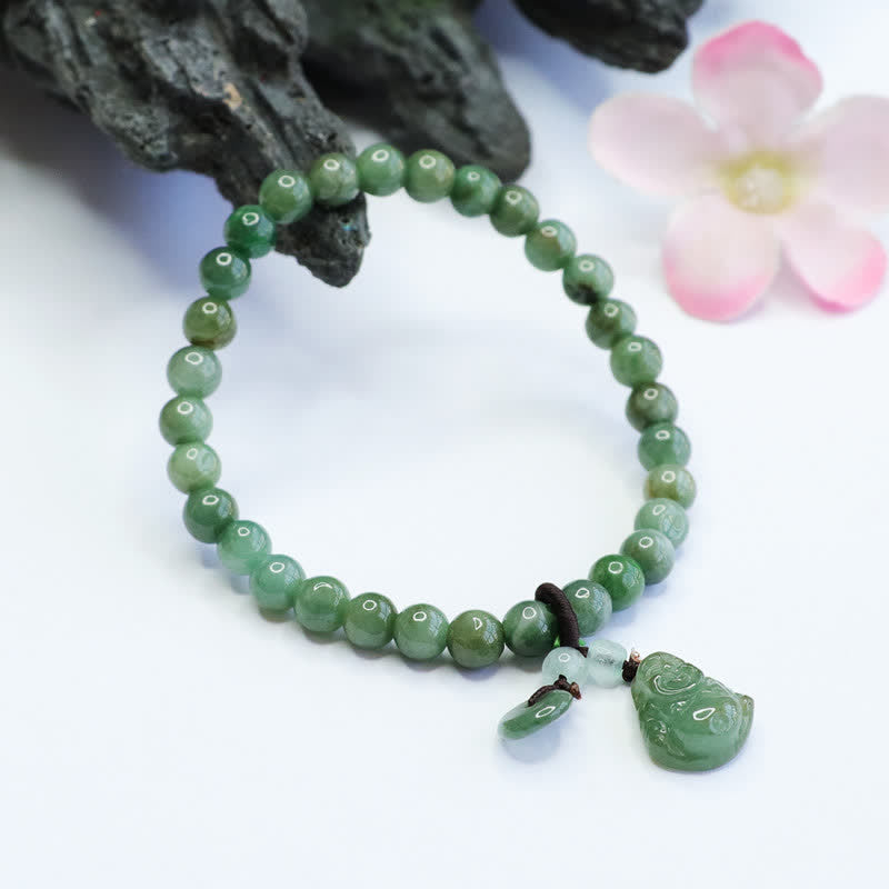 Cyan Jade Buddha Bracelet with Laughing Buddha Charm for Healing