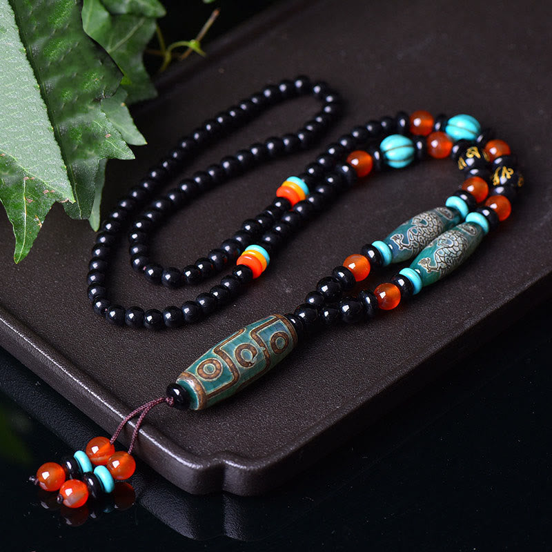Collier de protection dragon en perles Dzi à neuf yeux 50 cm