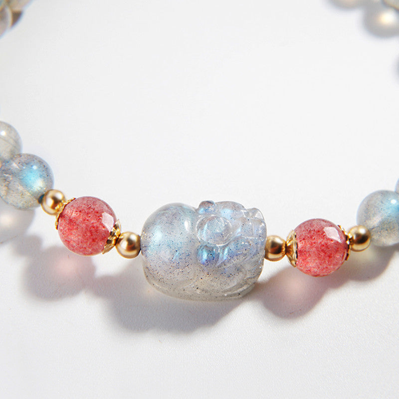 Bracelet Pixiu en quartz fraise et pierre de lune pour la richesse et l'amour