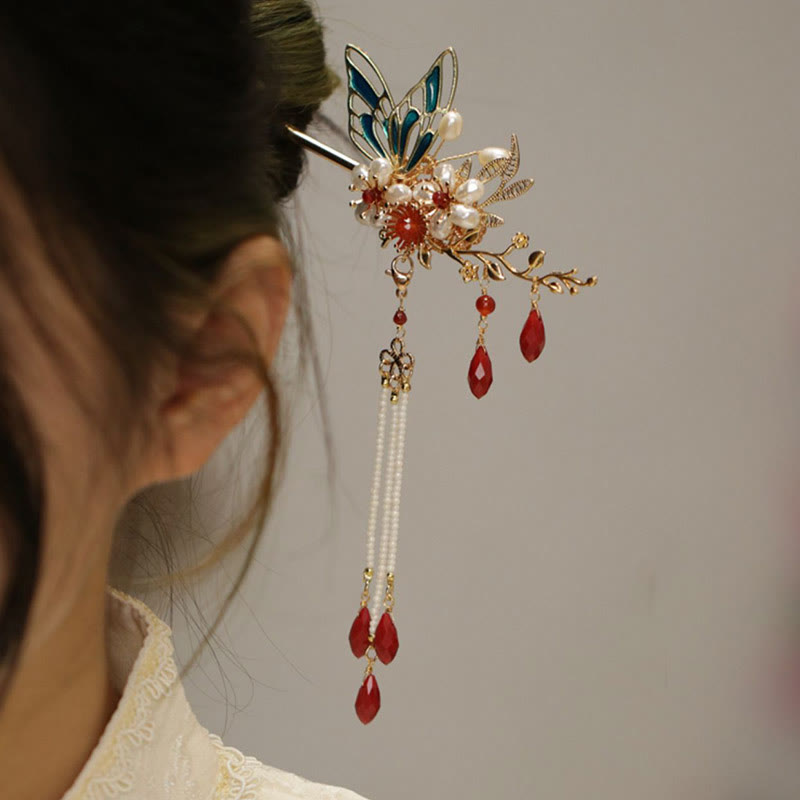 Red Flower Butterfly Pearl Tassel Hair Clip Comb Crown, Spiritual Jewelry