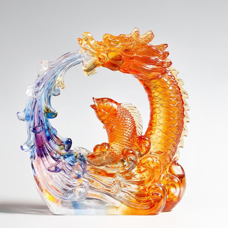 Handmade Feng Shui Liuli Dragon Koi Fish Crystal Art