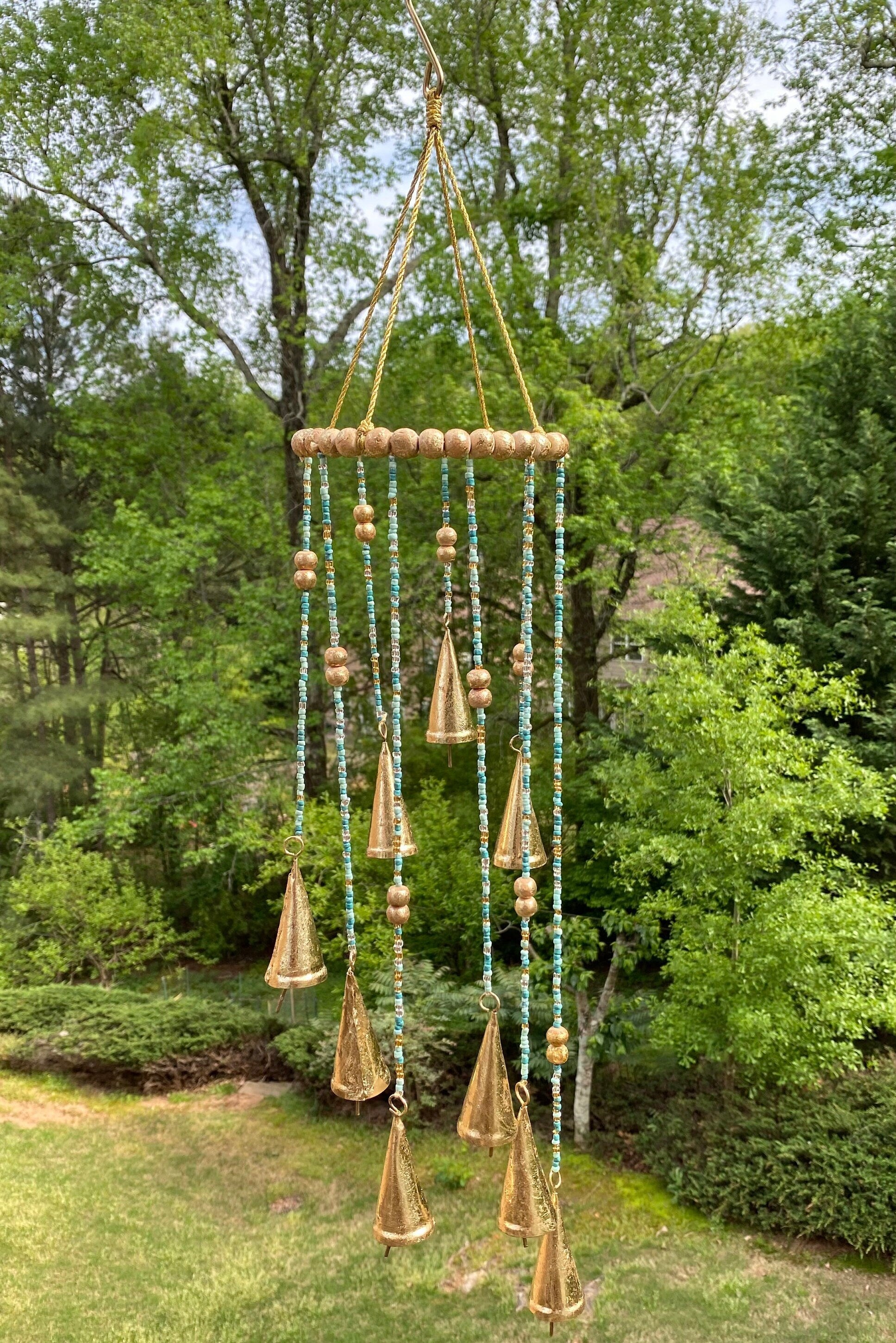 Decorative 28’’ Gold & Teal Wind Chimes with brass bells and turquoise beads