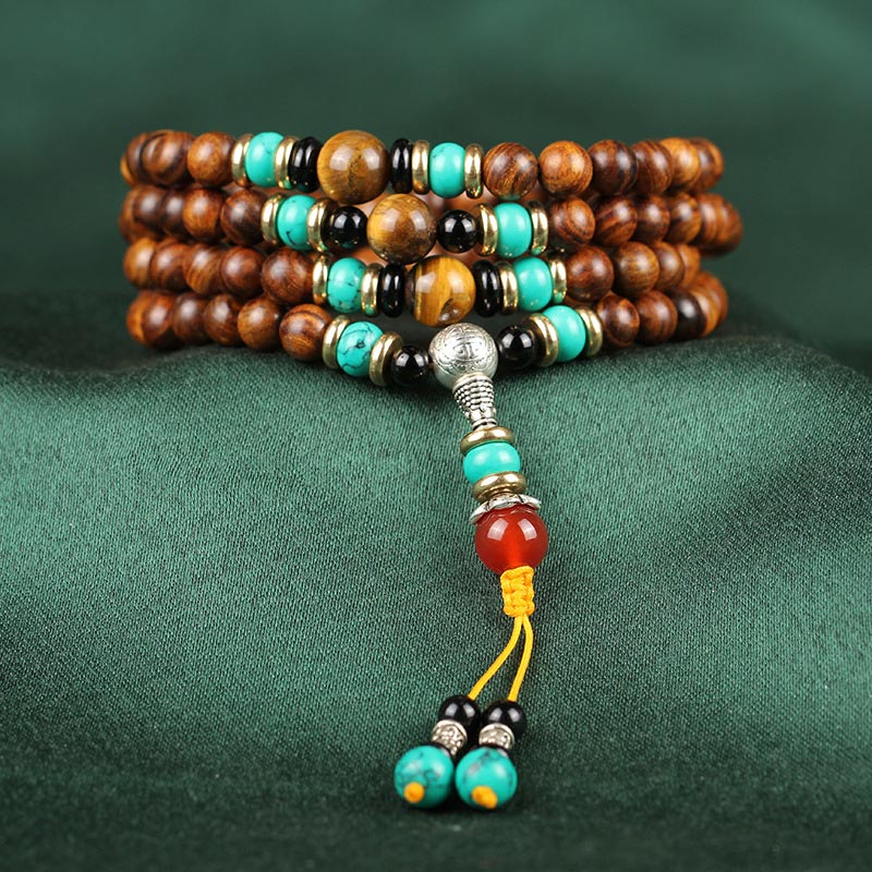 108 Beads Rosewood Tiger Eye Turquoise Mala Bracelet