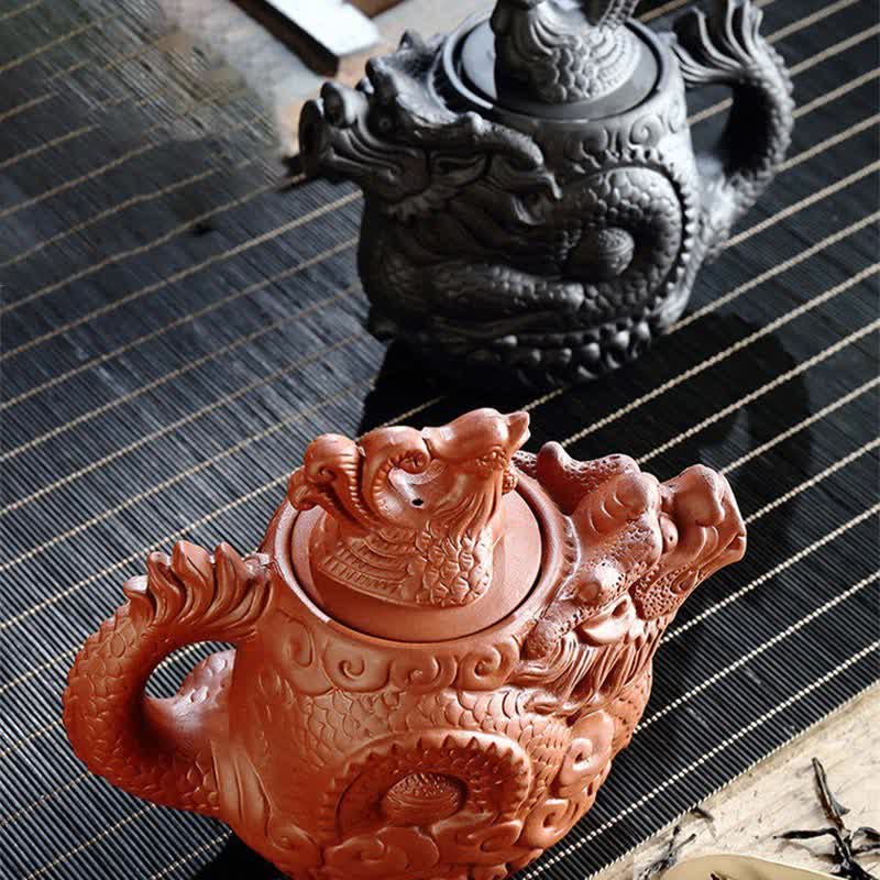 Vintage Dragon Phoenix Ceramic Teapot | Purple Clay Art