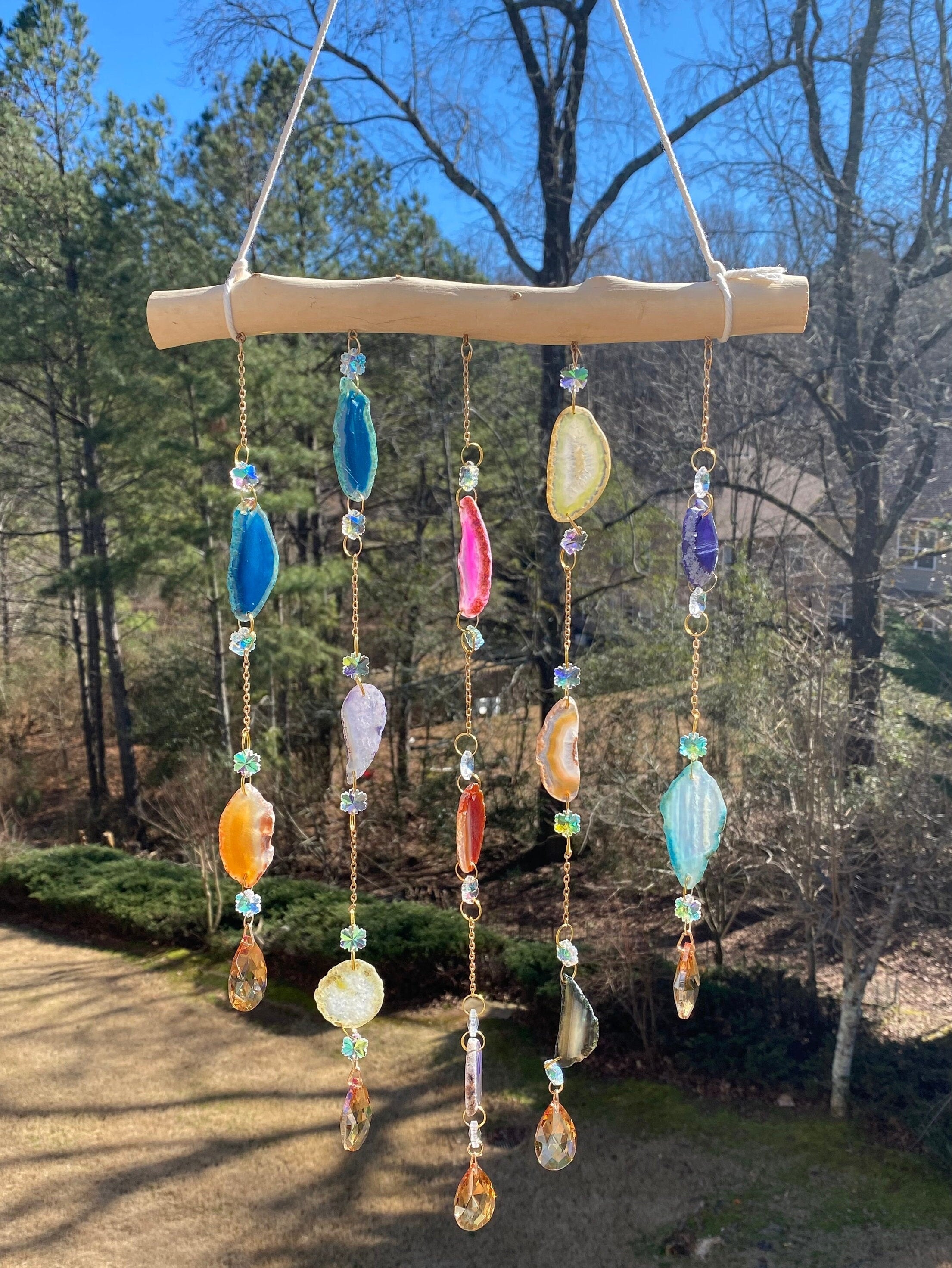 Colorful 29-inch Crystal Wind Chimes with Agate Slice Decor and beads hanging