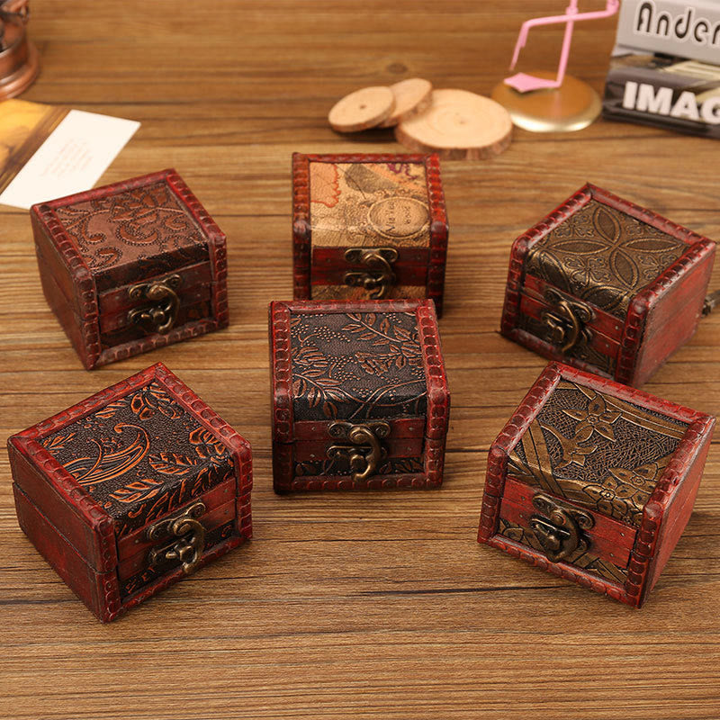 Retro Small Square Wood Jewelry Box with Lotus Design