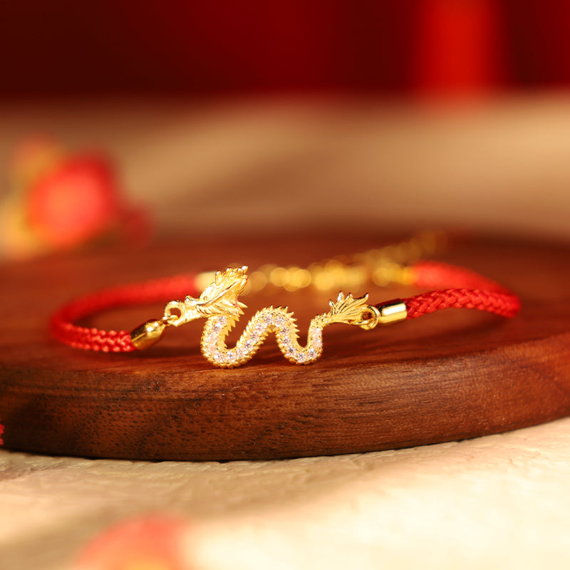 Unisex 925 Sterling Silver Dragon Bracelet with Red Rope & Gold Charm