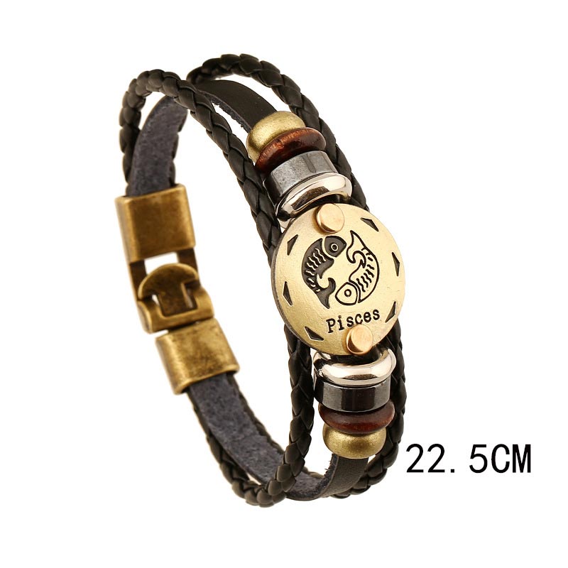 Bracelet à breloques en cuir hématite avec 12 constellations du zodiaque