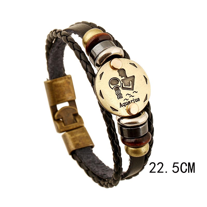 Bracelet à breloques en cuir hématite avec 12 constellations du zodiaque