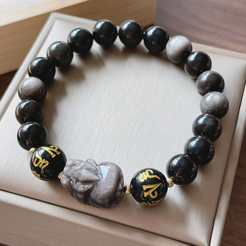 Silver Sheen Obsidian Pixiu Protection Bracelet 14-16cm