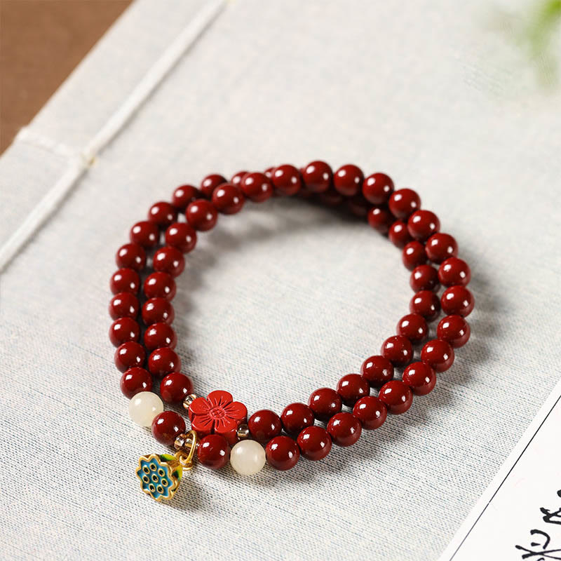 6mm Cinnabar Lotus Charm Double Wrap Bracelet Blessing