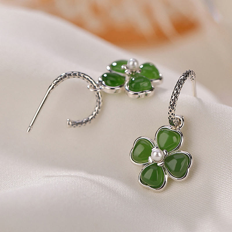 Boucles d'oreilles porte-bonheur en argent sterling 925 et jade cyan, trèfle à quatre feuilles