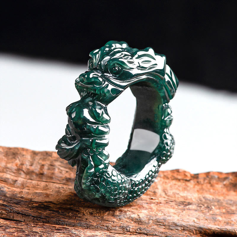 Bague de réussite sculptée en jade cyan, dragon, 21-22 mm