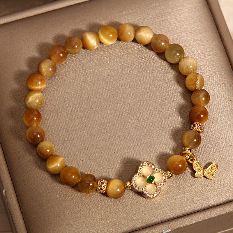 Tiger Eye Protection Bracelet with Four Leaf Clover & Butterfly