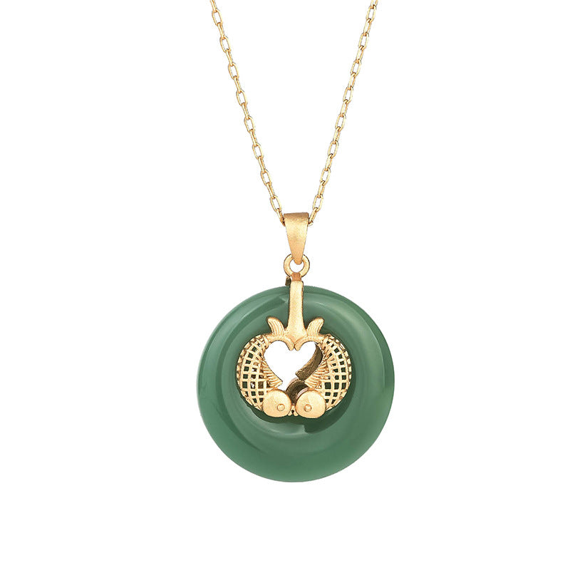 Collier porte-bonheur en jade cyan avec poisson koï pour le succès et l'harmonie