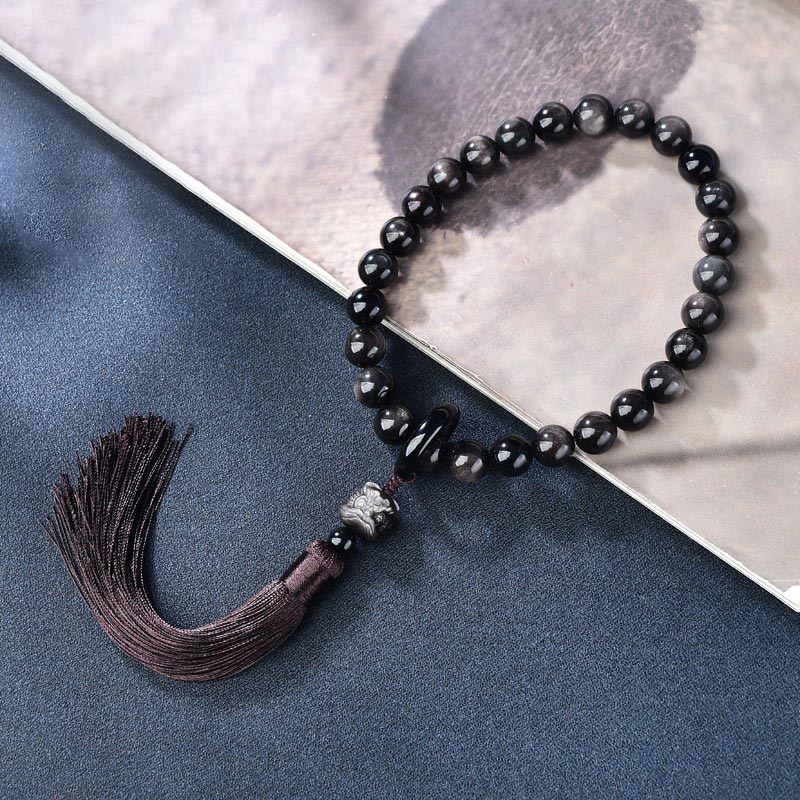 12mm Silver Sheen Obsidian Lion Meditation Wrist Mala