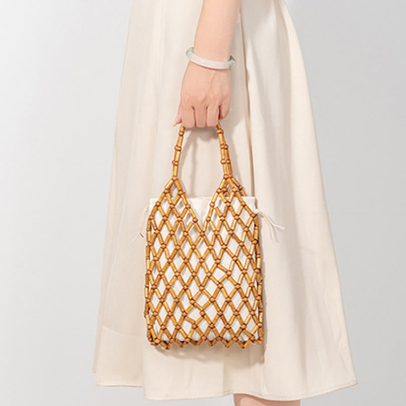 Sac en maille tissée à la main avec perles creuses en bois | Bijoux spirituels