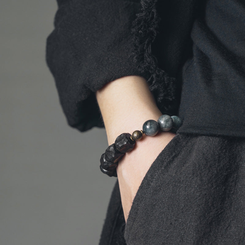 Bracelet couple en pierre œil d'aigle avec bois d'ébène et cuivre