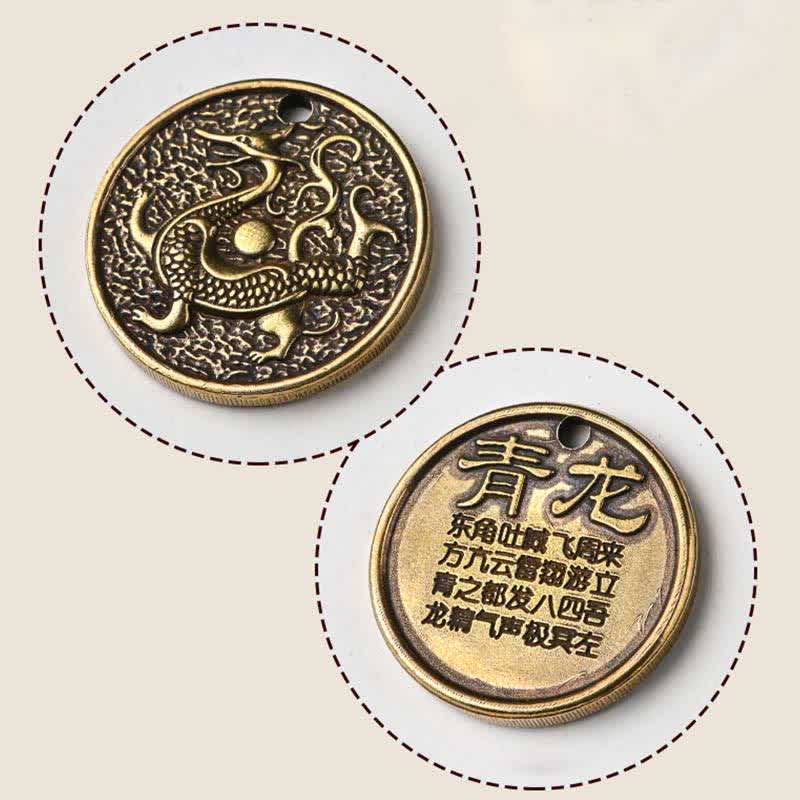 Porte-clés en cuivre à quatre symboles avec dragon azur et créatures mythiques