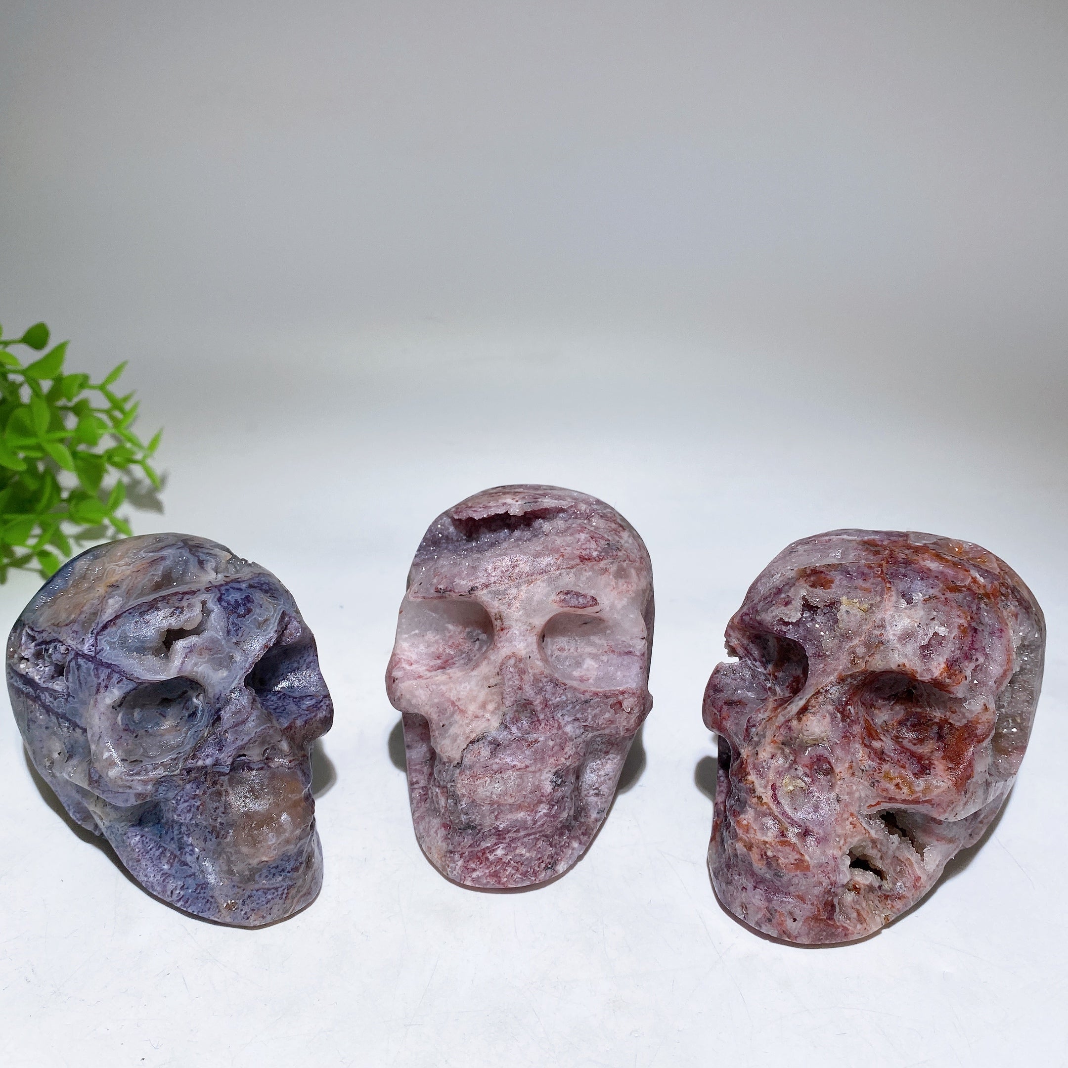Sculpture de crâne en cristal de sphéliarite violet de 7,6 à 9,7 cm