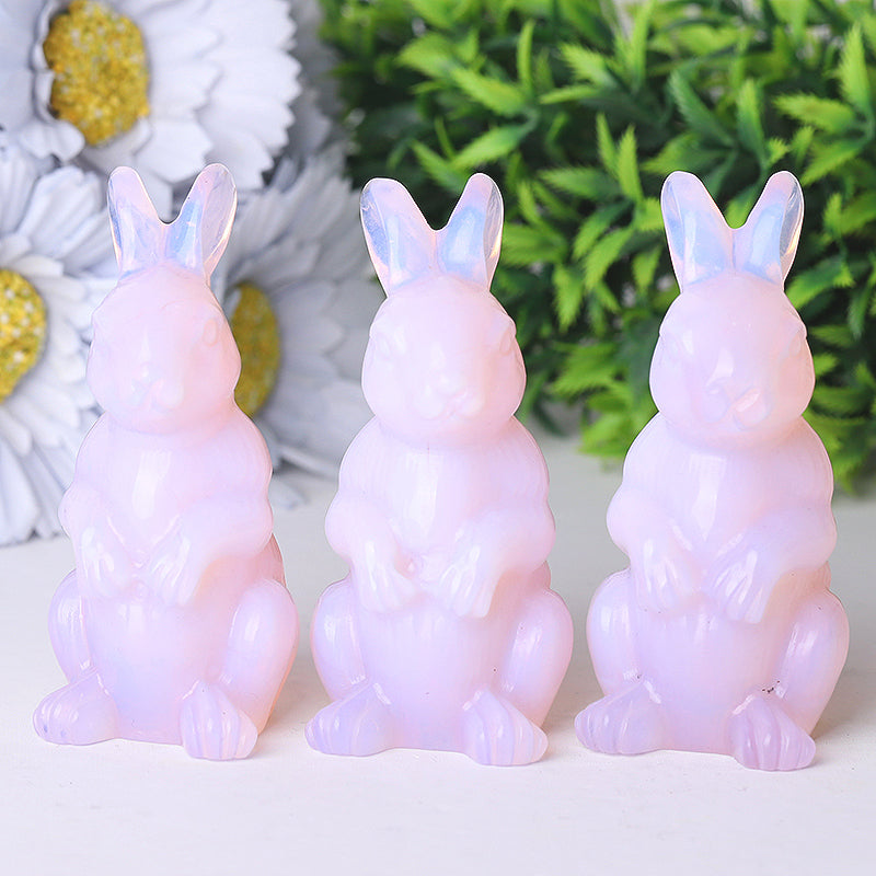 Figurine de lapin en cristal de guérison en opalite rose de 3,3 pouces