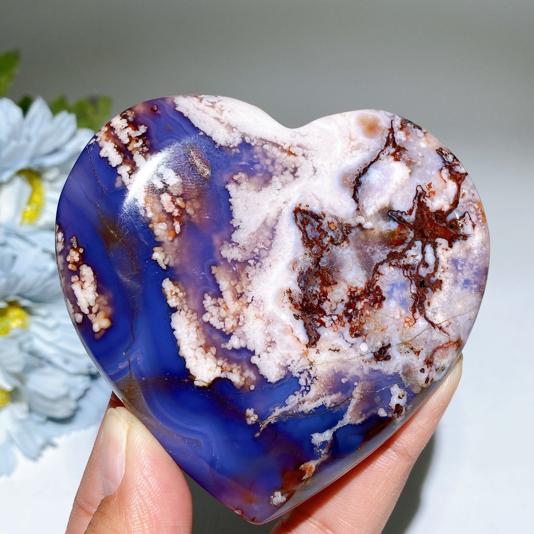 3 to 4 Inch Blue Flower Agate Heart Crystal for Healing