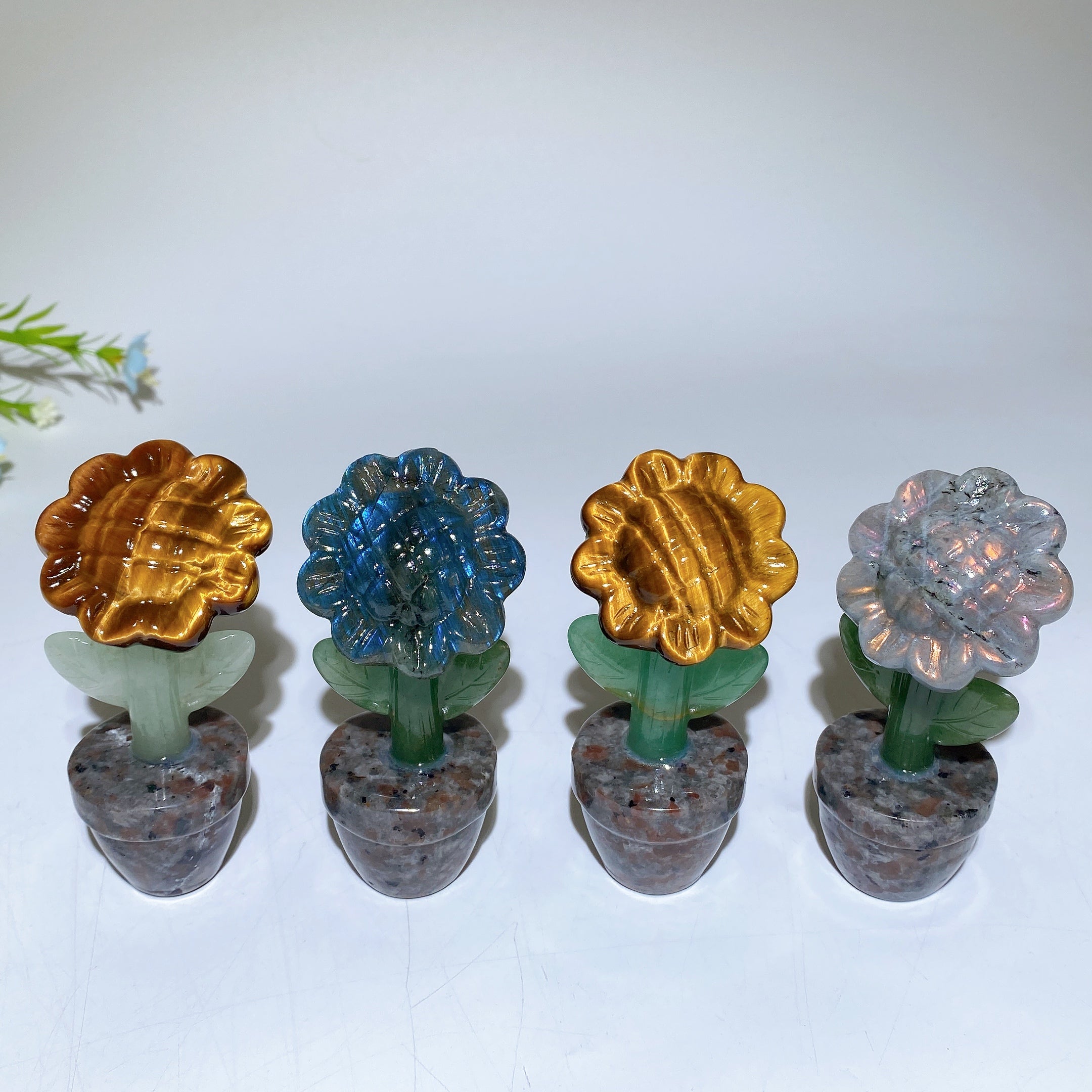 3.5" Yellow Tiger Eye & Labradorite Flower Bonsai Crystal Figurine