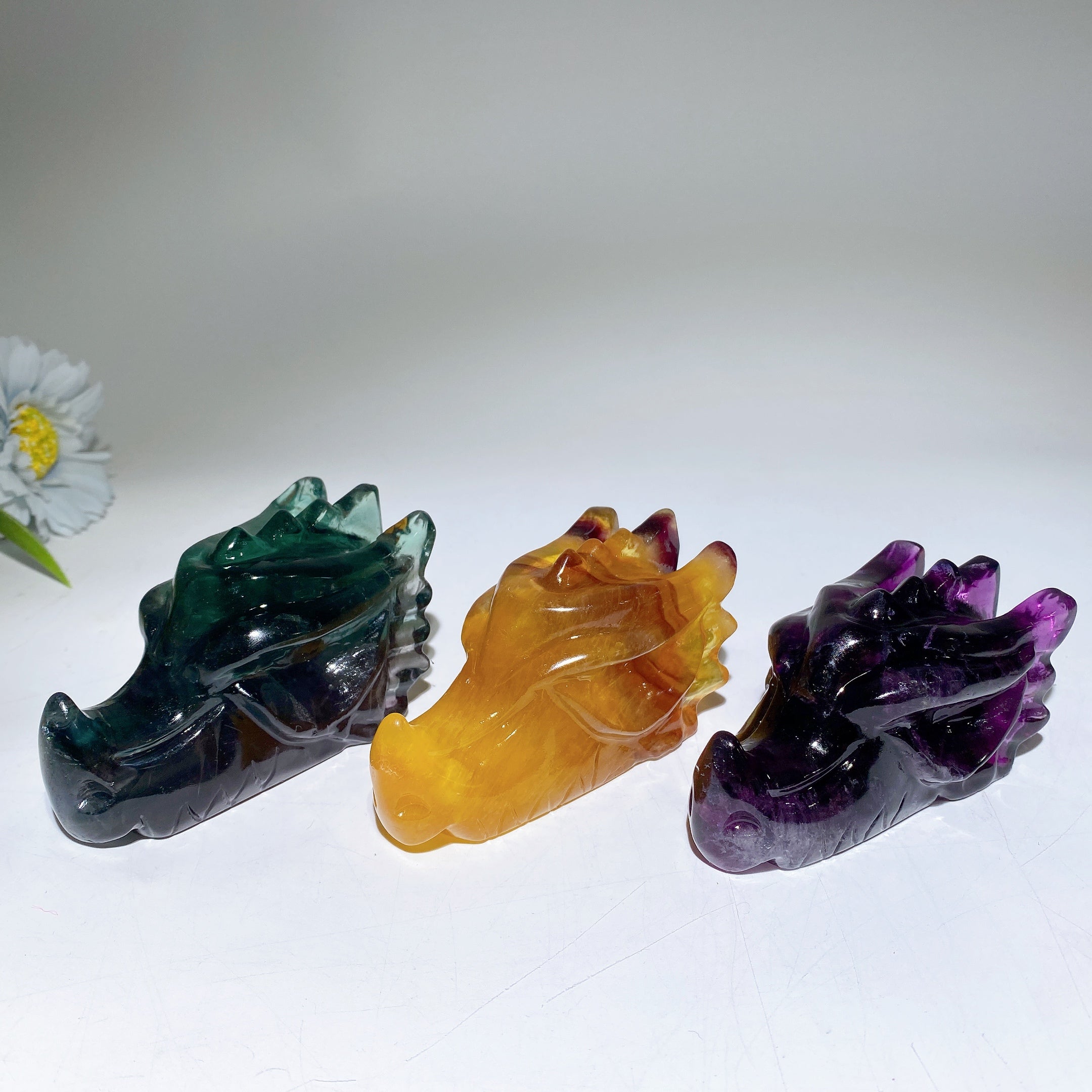 Tête de dragon sculptée en cristal de fluorite de 3,6 pouces