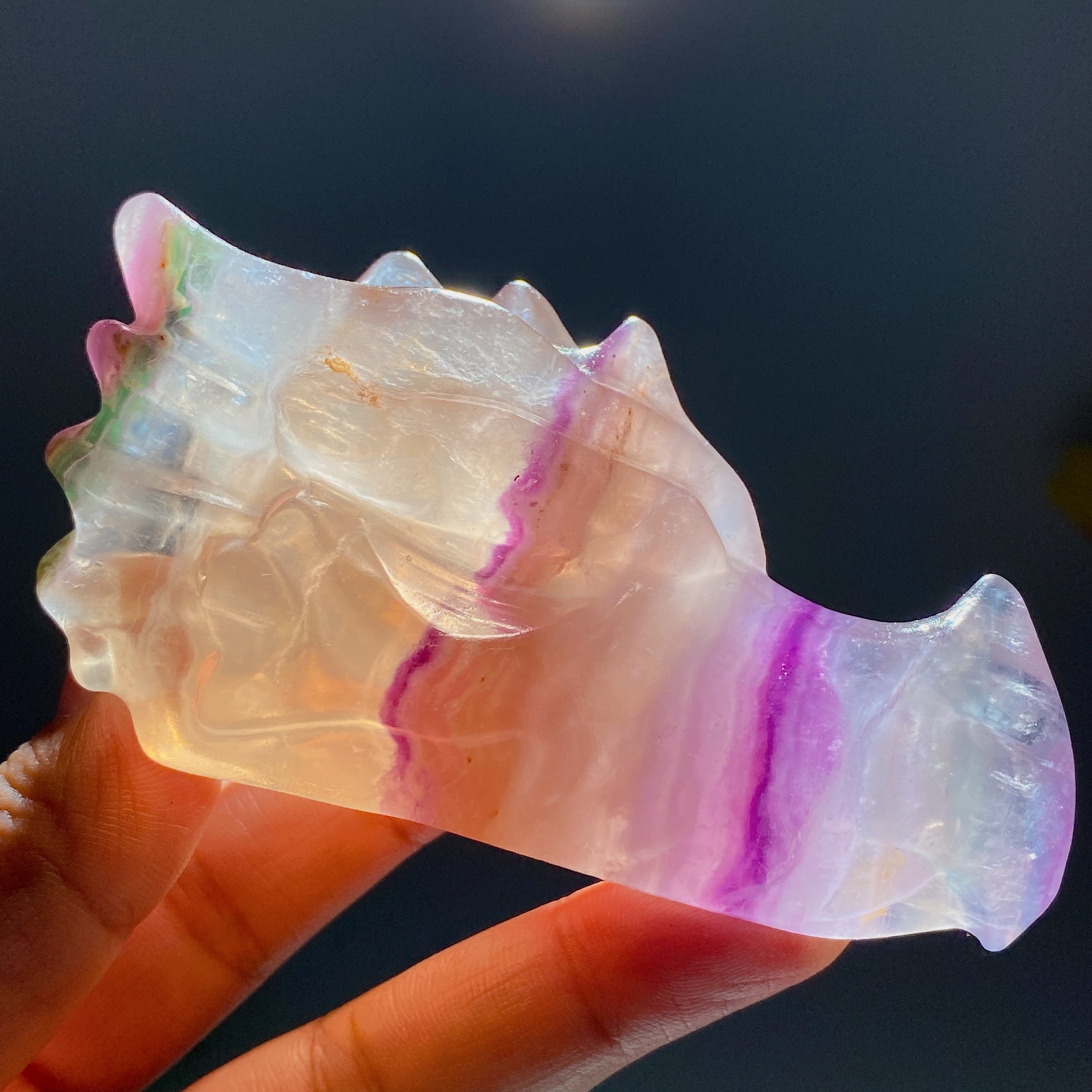 Tête de dragon sculptée en cristal de fluorite de 3,6 pouces