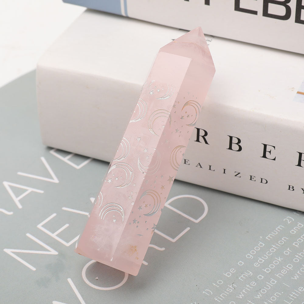 Pointe de cristal de quartz rose de 3,6 pouces avec lunes gravées au laser