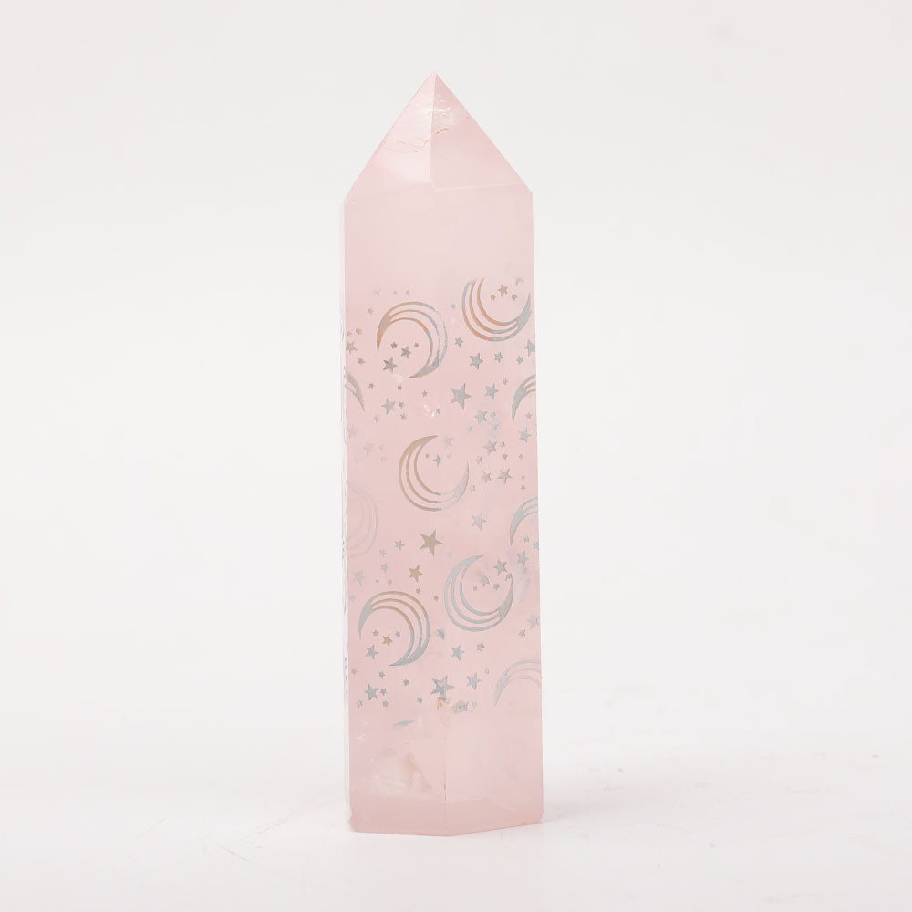 Pointe de cristal de quartz rose de 3,6 pouces avec lunes gravées au laser