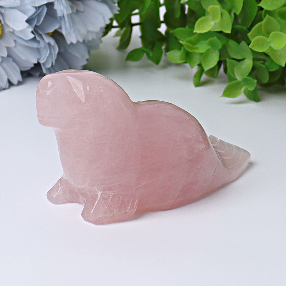 Sculpture d'animal en cristal de quartz rose de 3,8 pouces