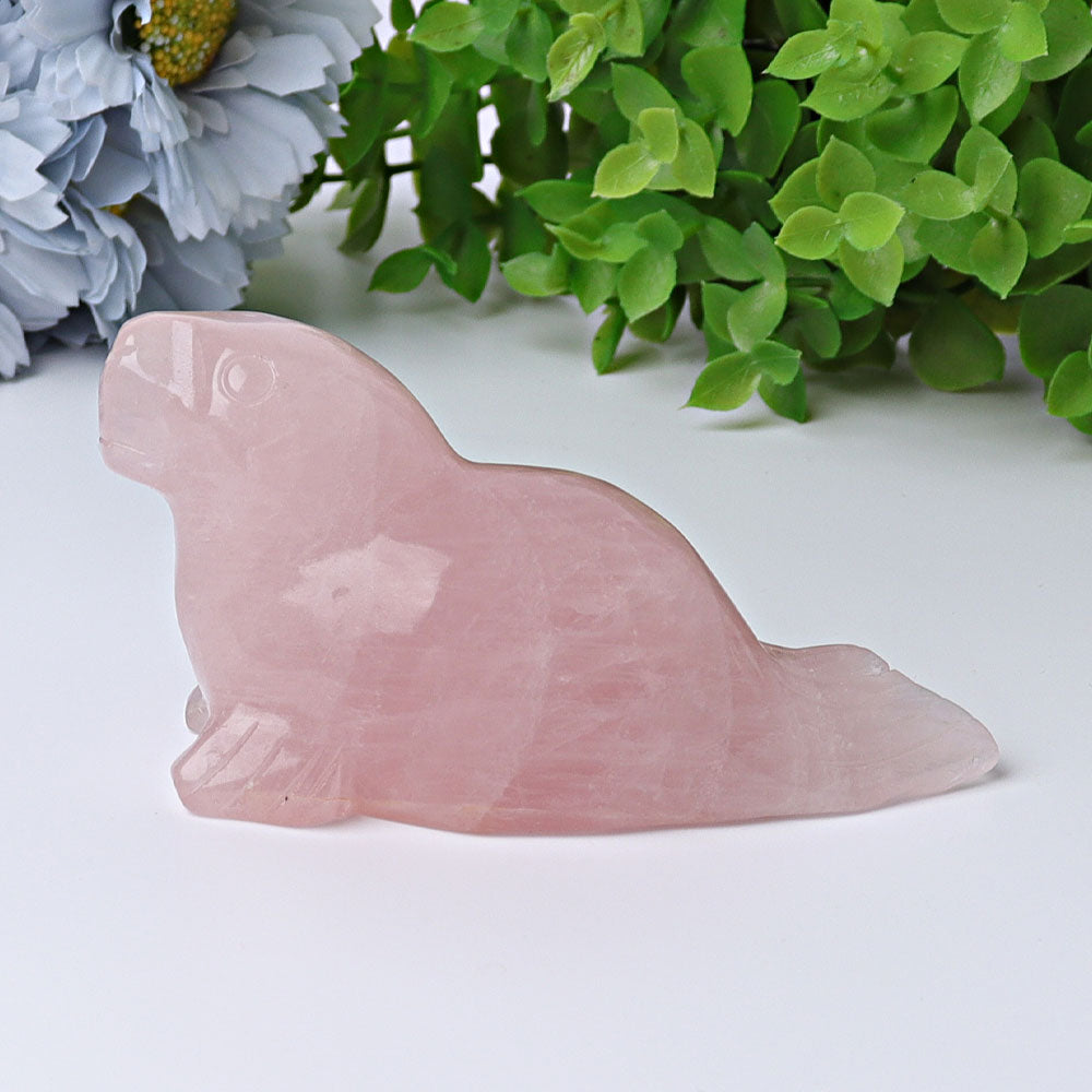 Sculpture d'animal en cristal de quartz rose de 3,8 pouces