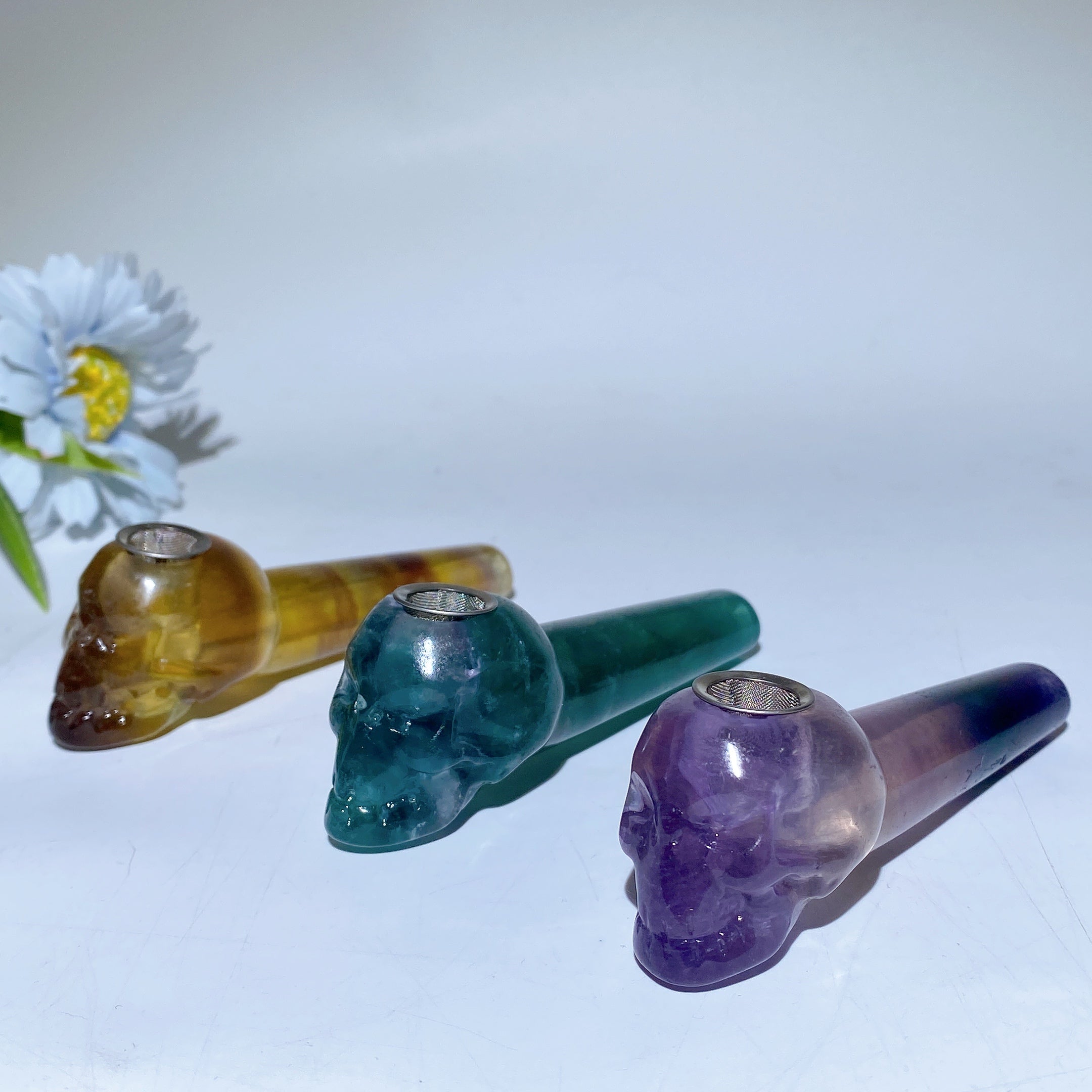 3.9in Yellow Green Purple Fluorite Skull Pipe Figurine