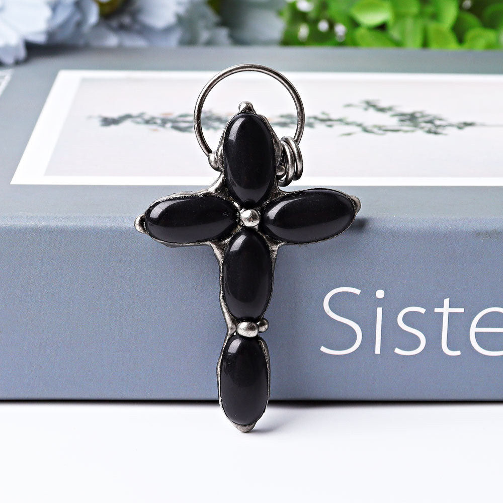 Pendentif croix en obsidienne noire de 7,6 cm pour la protection