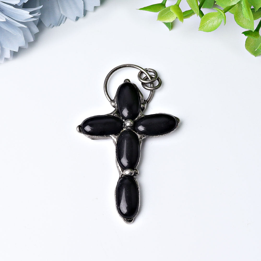 Pendentif croix en obsidienne noire de 7,6 cm pour la protection