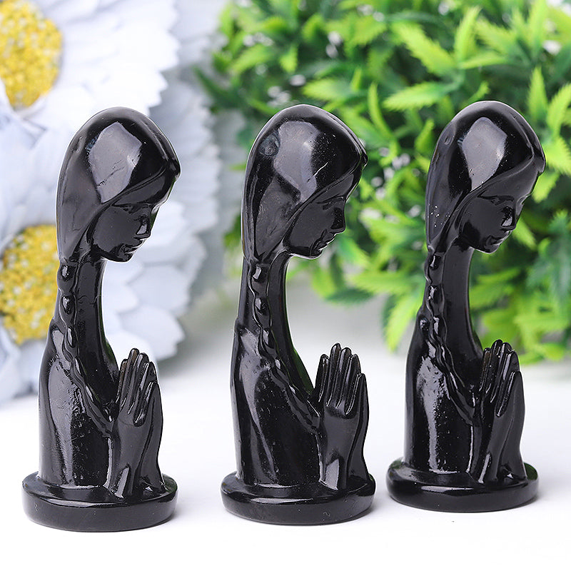 Figurine de prière en cristal d'obsidienne noire de 7,6 cm