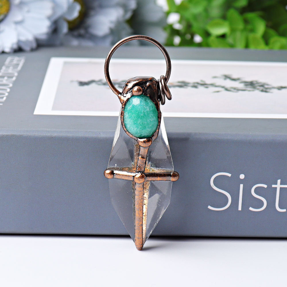 Pendentif en cristal de quartz transparent et d'amazonite de 3 pouces