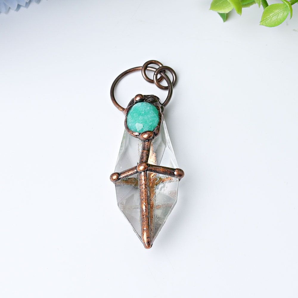Pendentif en cristal de quartz transparent et d'amazonite de 3 pouces