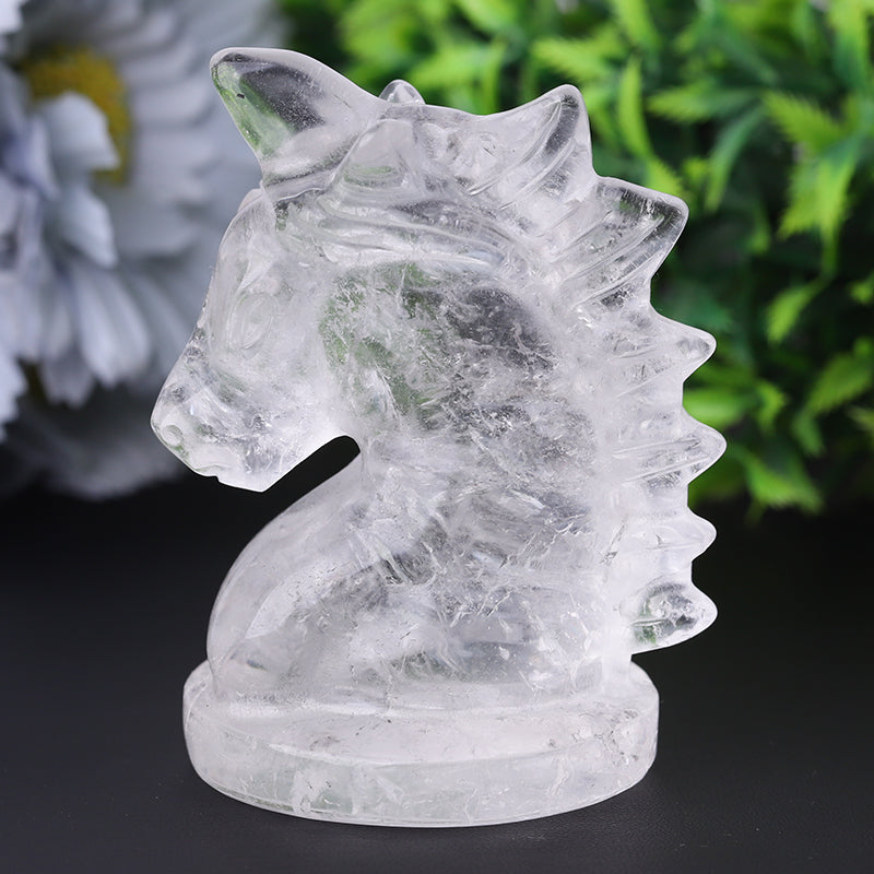 Sculpture d'animal en cristal de quartz transparent de 3 pouces en forme de licorne