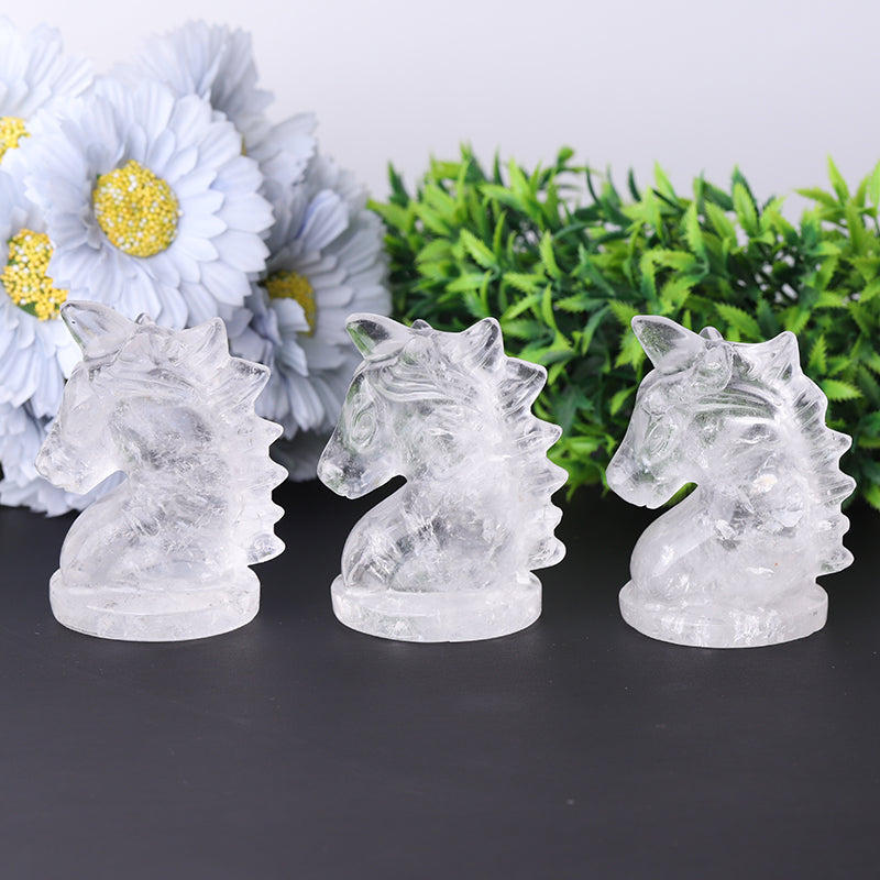 Sculpture d'animal en cristal de quartz transparent de 3 pouces en forme de licorne