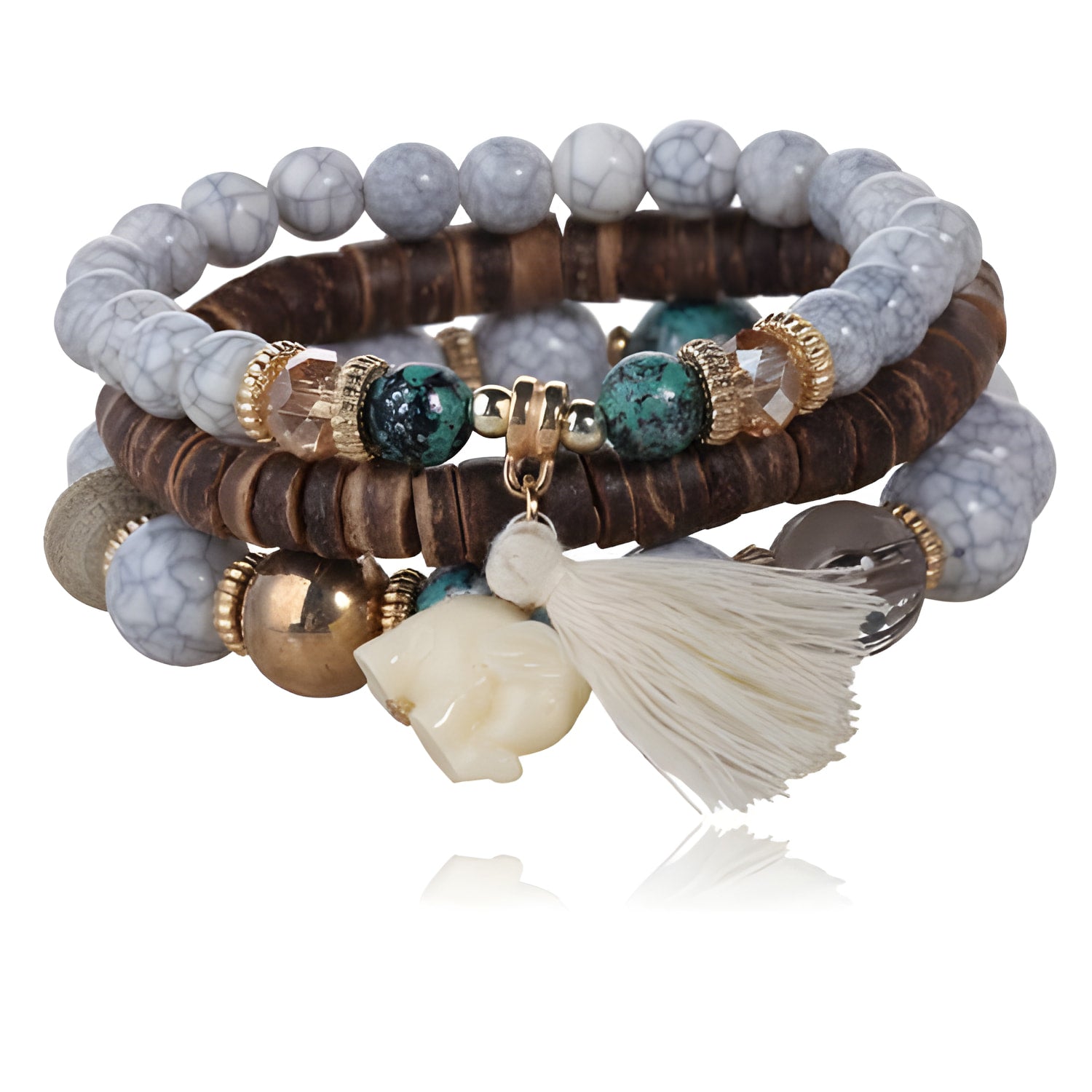 Ensemble de 3 bracelets bohèmes à breloques éléphant en perles de pierre et de bois