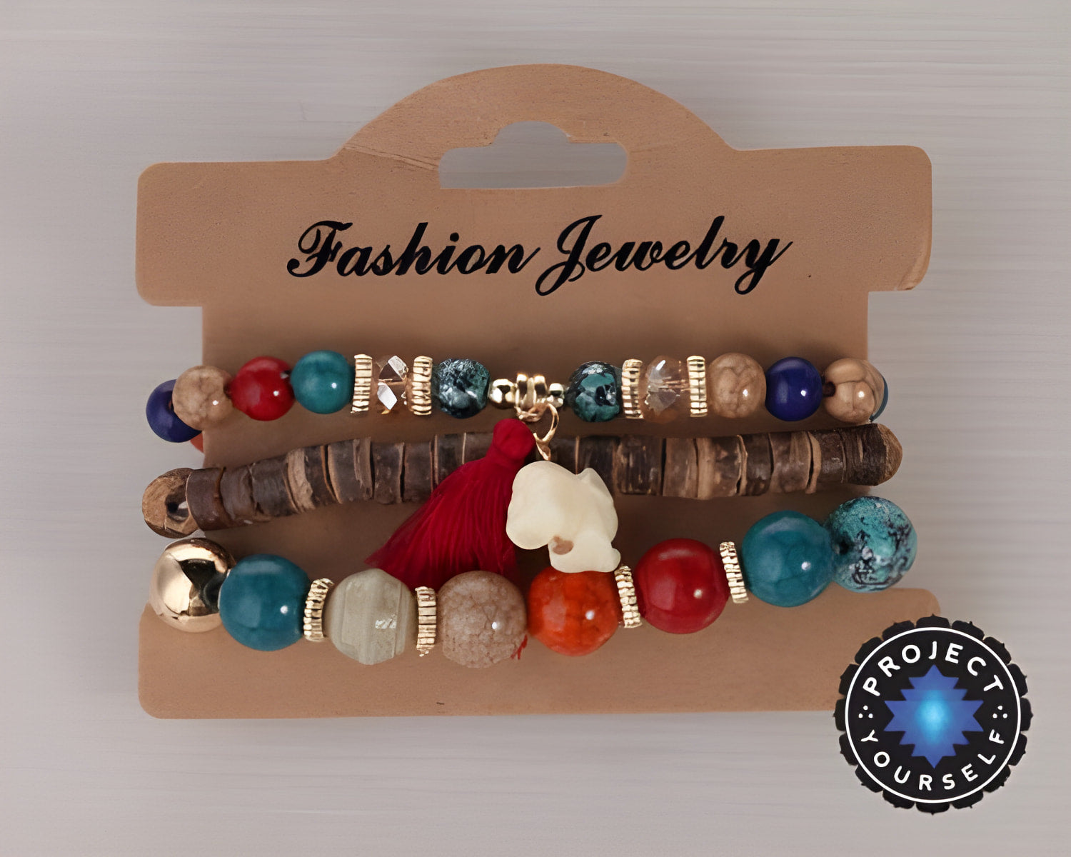 Ensemble de 3 bracelets bohèmes à breloques éléphant en perles de pierre et de bois