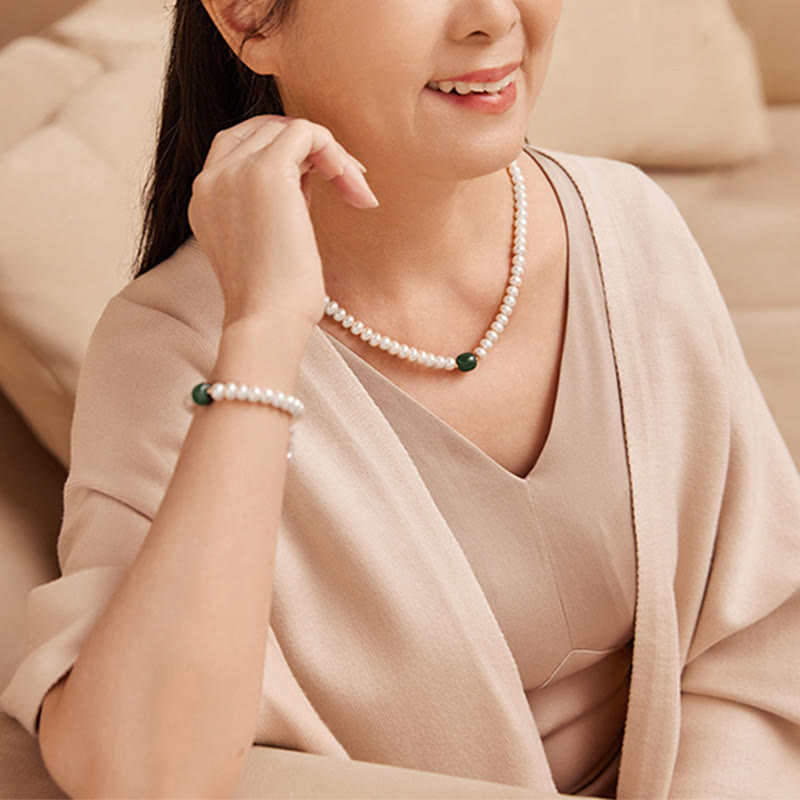 Collier et bracelet en perles de jade Hetian et aigue-marine 42 cm