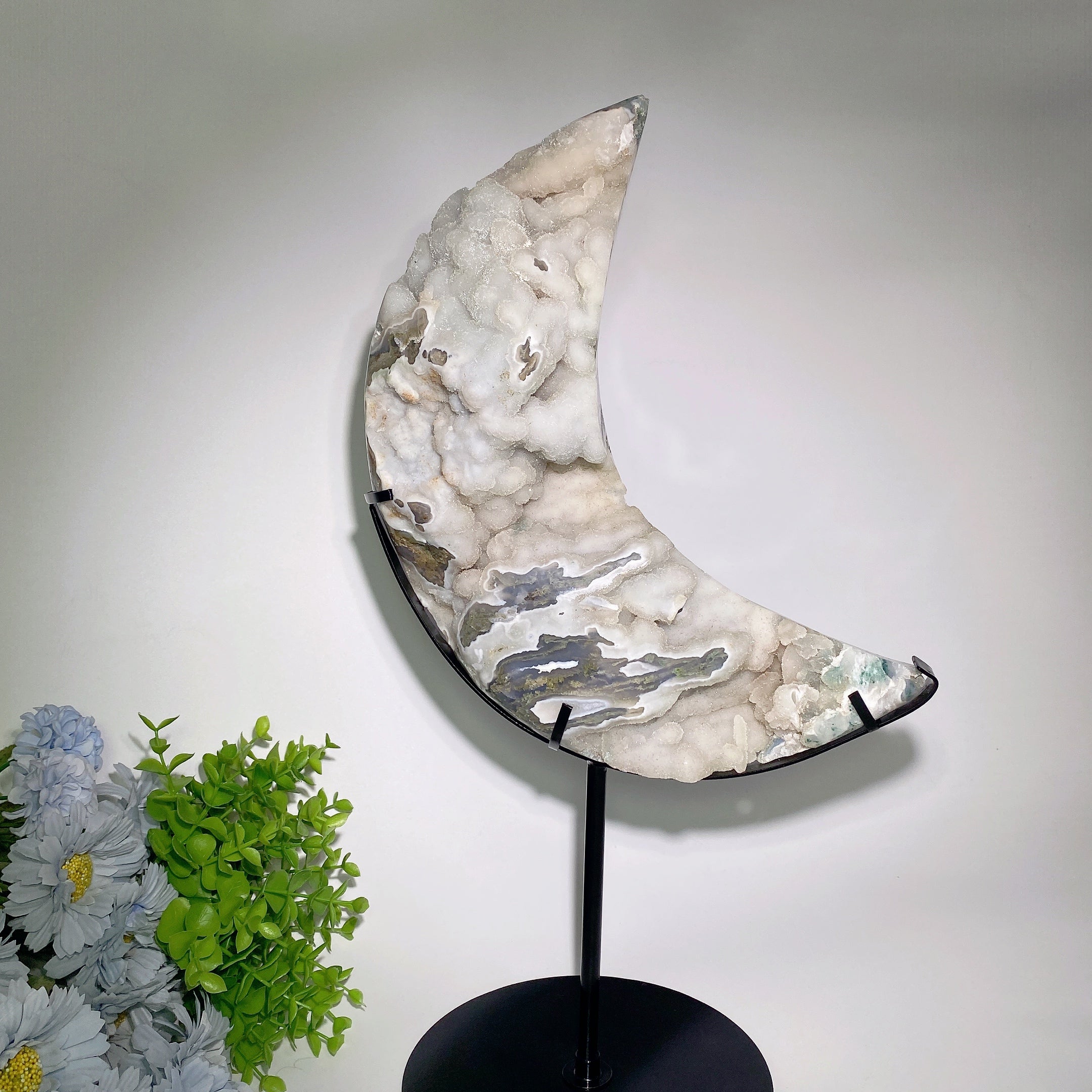Agate mousse druzy de 30 cm, sculpture en cristal de lune pour la guérison
