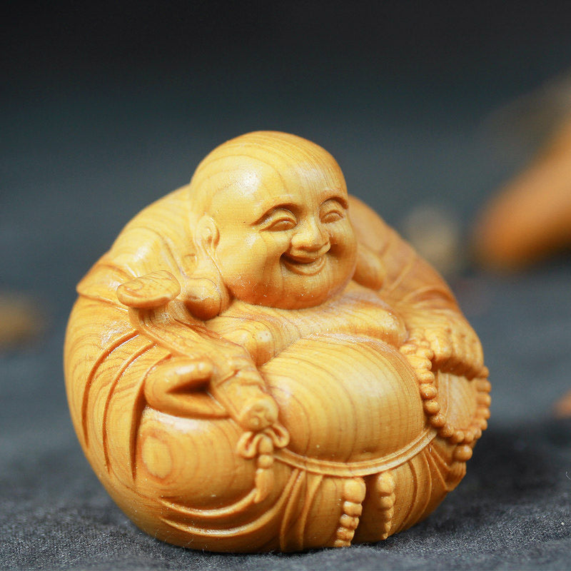 Laughing Buddha Boxwood Compassion Statue 5cm Home & Car Decor