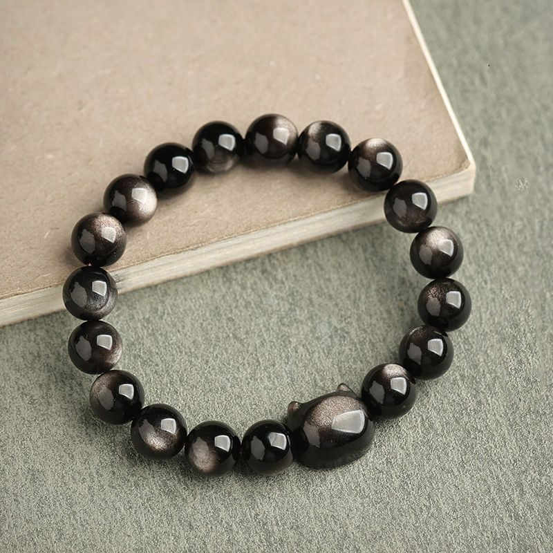 Gold Sheen Obsidian Lucky Cat Protection Bracelet 8mm